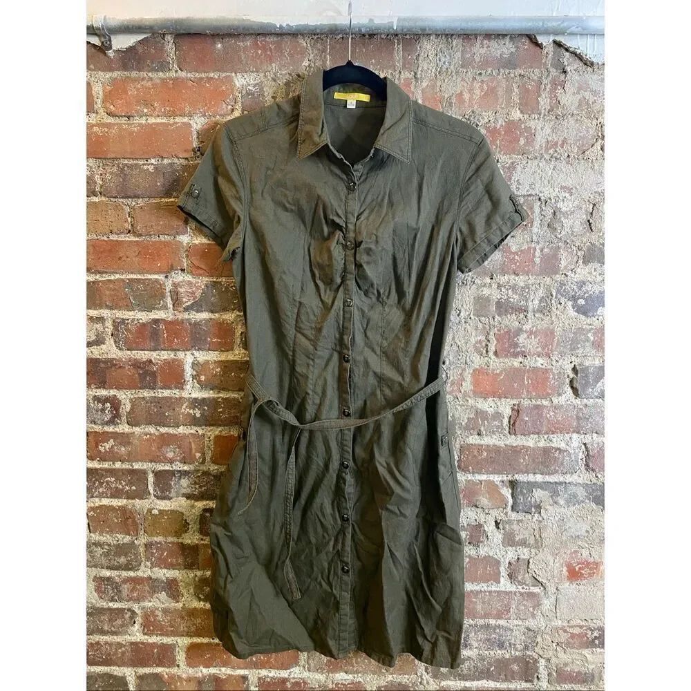 LOLË • Army Green Linen Cotton Blend Short Sleeve Belt Buttoned Utility Fashion